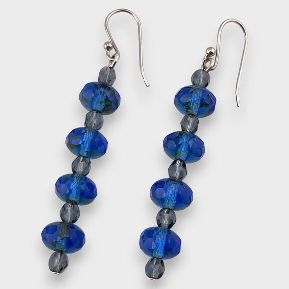 Faceted Cobalt Blue Linear Beaded Earrings Czech Glass Platinum Plated Ear Wires - Picture 4 of 8